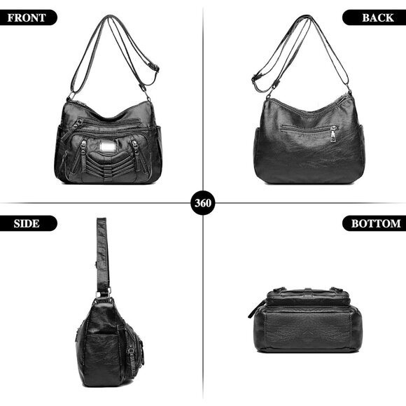 Women's Black Soft Pu Leather Multi-pocket Shoulder Bag Medium Cross-body Purse - Picture 7 of 8